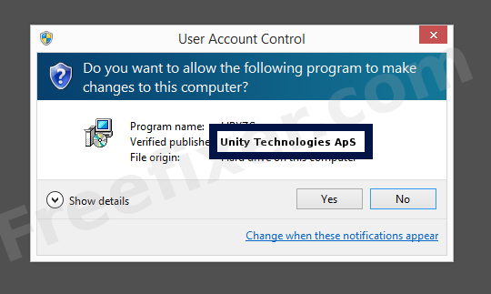 Screenshot where Unity Technologies ApS appears as the verified publisher in the UAC dialog